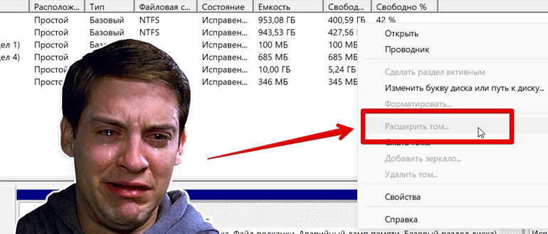 Почему Расширить том не активно на Windows 10 / 11