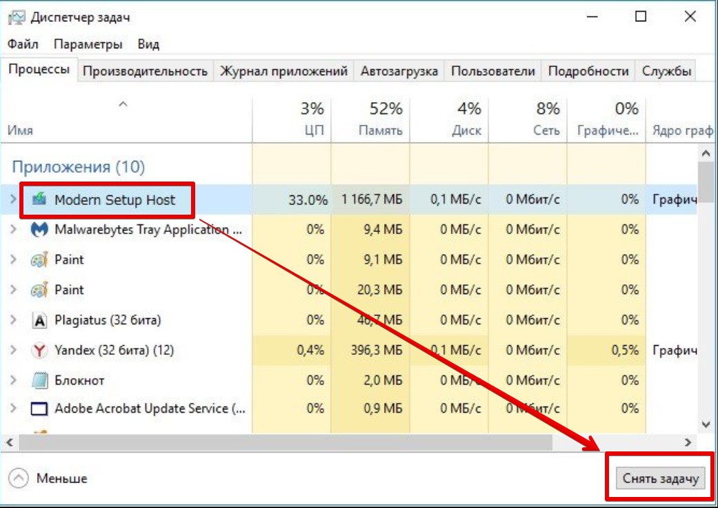 Что такое Modern Setup Host и почему он загружает процессор в Windows 10